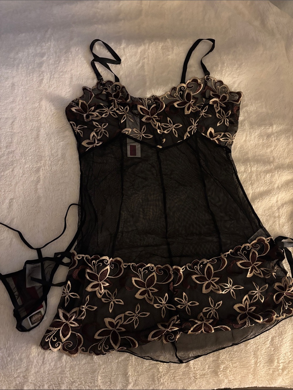 Black Floral Embroidered Mesh Chemise